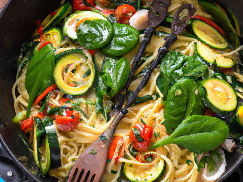 DALL·E 2023 02 23 12.34.25 Luxe Creamy Spaghetti With Spinach, Zucchini, Tomatoes And Eggplant In A Pan