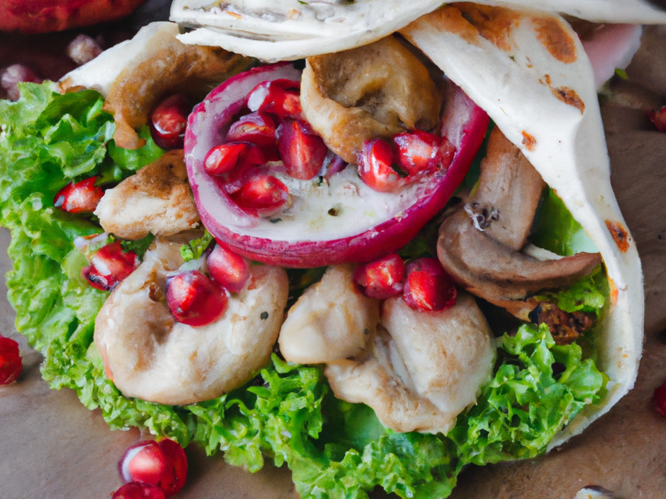 DALL·E 2023 02 23 12.30.21 Pita With Oyster Mushroom Shoarma, Pomegranate Seeds, Tomatoes, Lettuce, Garlic Sauce