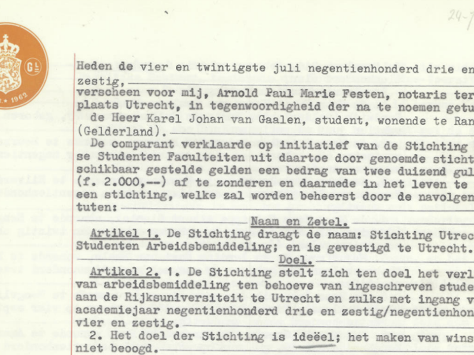 Oprichtingsakte Stichting Utrechtse Studentenarbeidsvoorziening in 1963