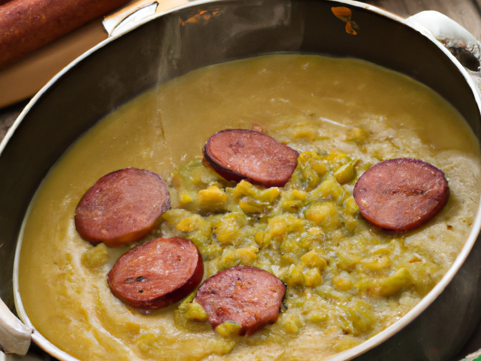 DALL·E 2023 02 23 12.39.01 Mashed Pea Soup With Smoked Sausage In A Pan