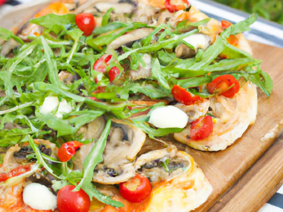 DALL·E 2023 02 23 12.41.22 Tortizza With Mushrooms, Cherry Tomatoes, Rocket, Mozzarella